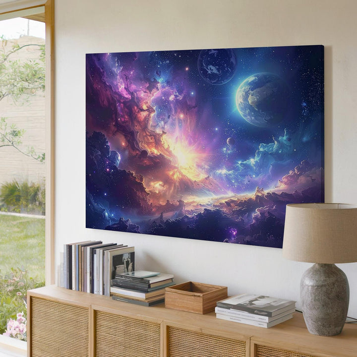 Planetary Genesis Canvas – Swirling Nebula & Earth-Like World Deep Space Art - Gifitto