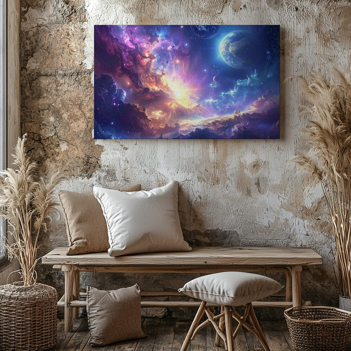 Planetary Genesis Canvas – Swirling Nebula & Earth-Like World Deep Space Art - Gifitto