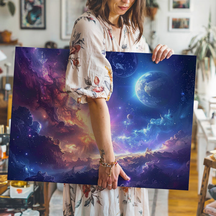 Planetary Genesis Canvas – Swirling Nebula & Earth-Like World Deep Space Art - Gifitto
