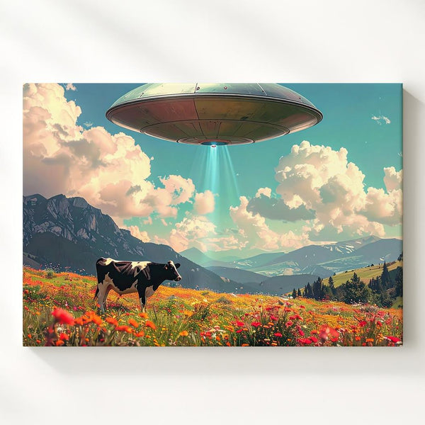 UFO & Cow in Wildflower Field Canvas – Surreal Pastoral Sci-Fi Wall Art - Gifitto