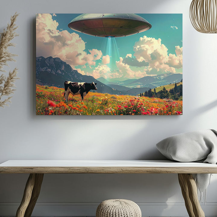 UFO & Cow in Wildflower Field Canvas – Surreal Pastoral Sci-Fi Wall Art - Gifitto