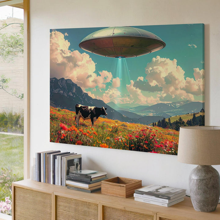 UFO & Cow in Wildflower Field Canvas – Surreal Pastoral Sci-Fi Wall Art - Gifitto