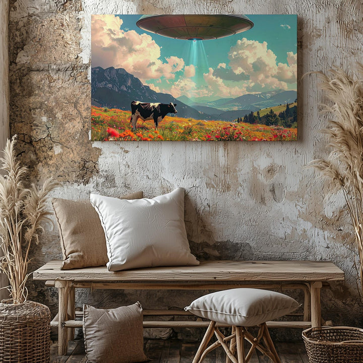 UFO & Cow in Wildflower Field Canvas – Surreal Pastoral Sci-Fi Wall Art - Gifitto