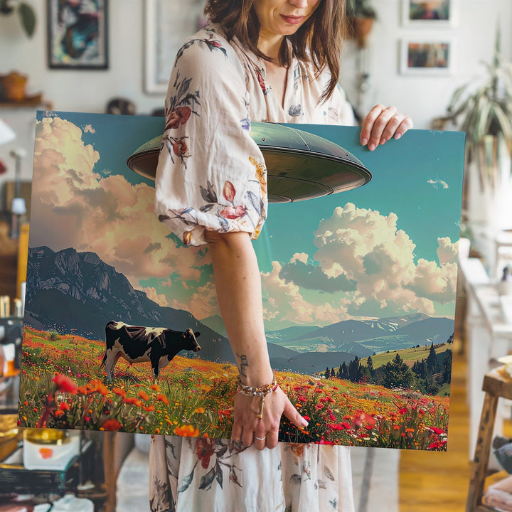 UFO & Cow in Wildflower Field Canvas – Surreal Pastoral Sci-Fi Wall Art - Gifitto
