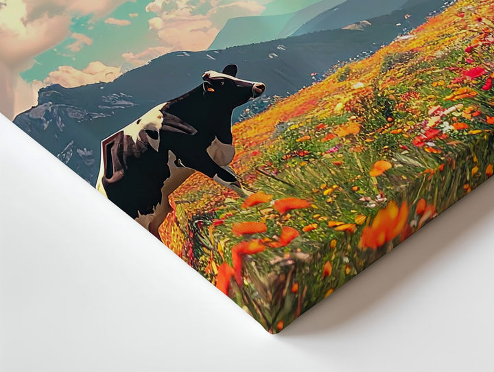 UFO & Cow in Wildflower Field Canvas – Surreal Pastoral Sci-Fi Wall Art - Gifitto