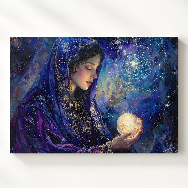 Celestial Veiled Woman Canvas – Mystical Orb & Divine Feminine Wall Art - Gifitto