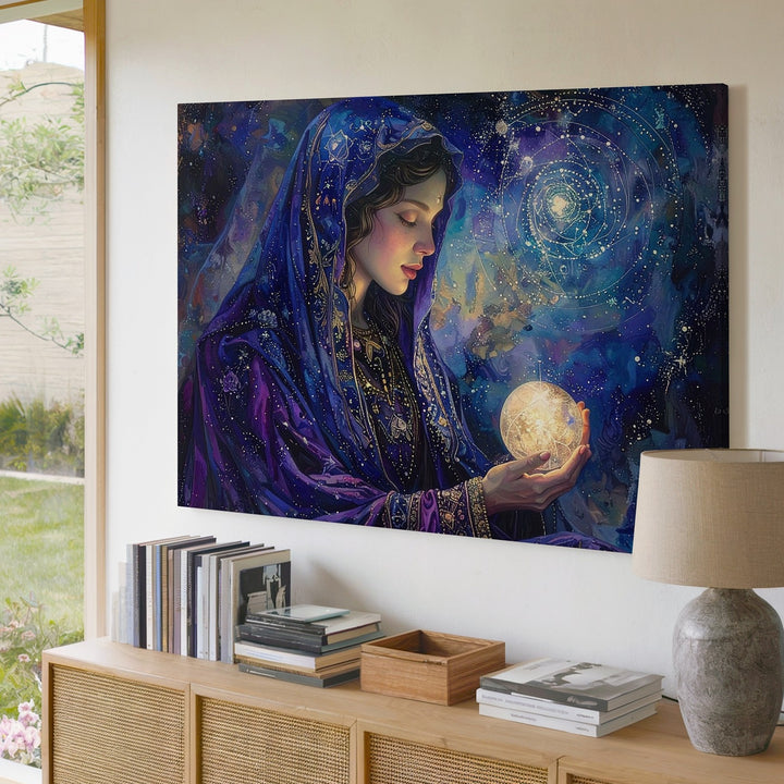 Celestial Veiled Woman Canvas – Mystical Orb & Divine Feminine Wall Art - Gifitto