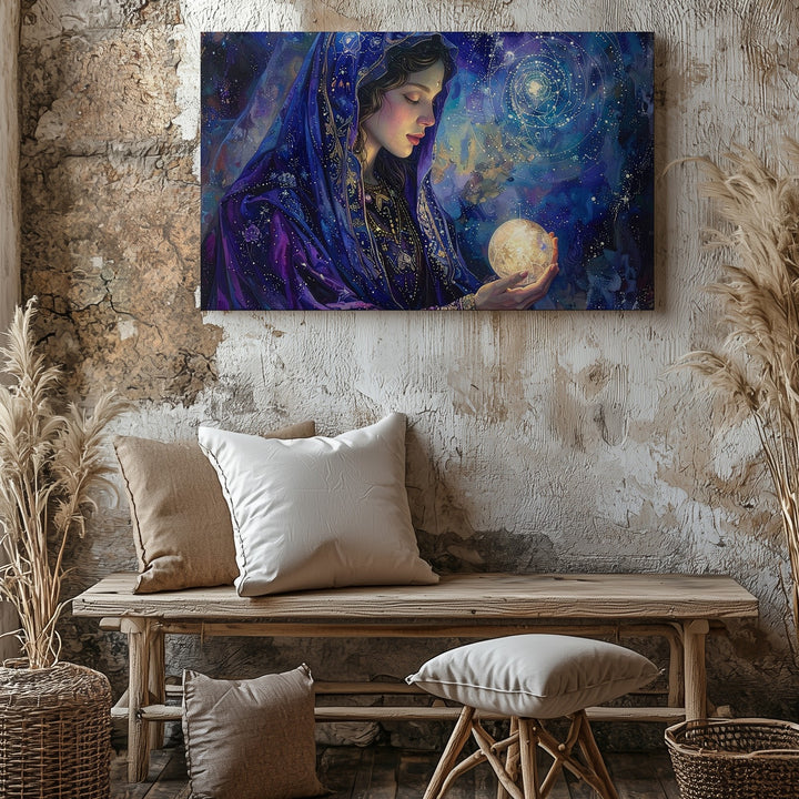 Celestial Veiled Woman Canvas – Mystical Orb & Divine Feminine Wall Art - Gifitto