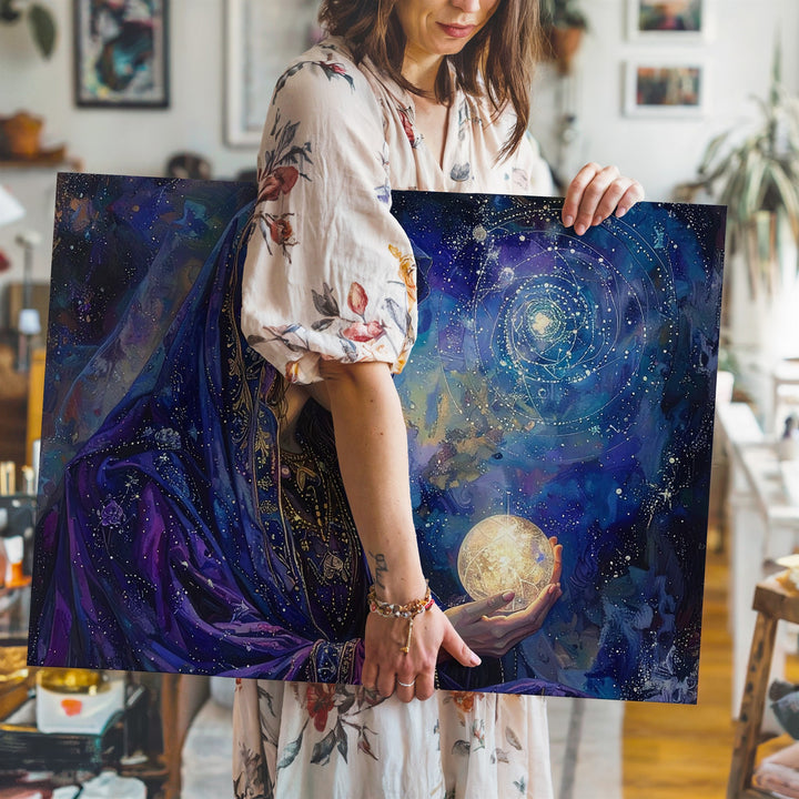 Celestial Veiled Woman Canvas – Mystical Orb & Divine Feminine Wall Art - Gifitto