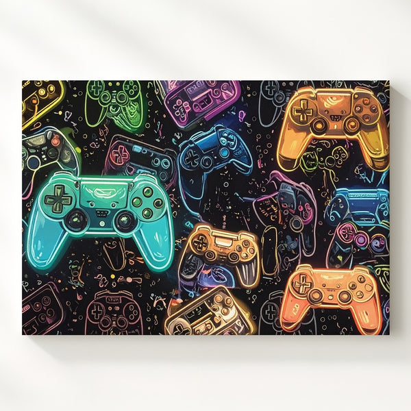 Neon Gamer Grid Canvas – Retro-Futuristic Controller Pattern Wall Art - Gifitto