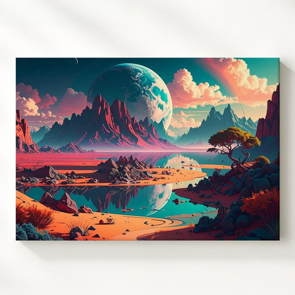 Surreal Alien Landscape Canvas – Glowing River and Majestic Mountains - Gifitto