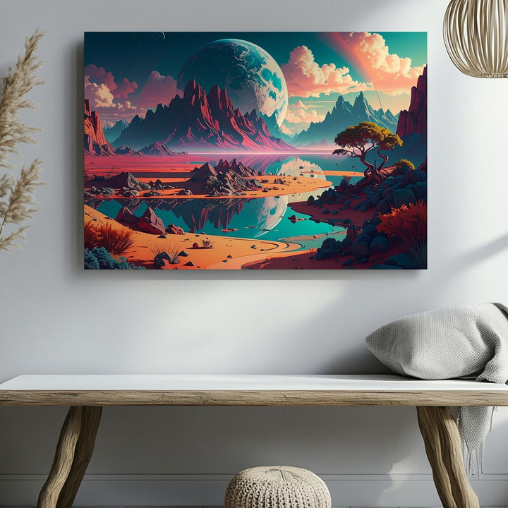 Surreal Alien Landscape Canvas – Glowing River and Majestic Mountains - Gifitto