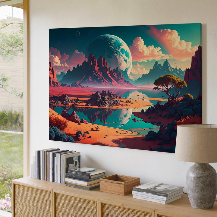 Surreal Alien Landscape Canvas – Glowing River and Majestic Mountains - Gifitto