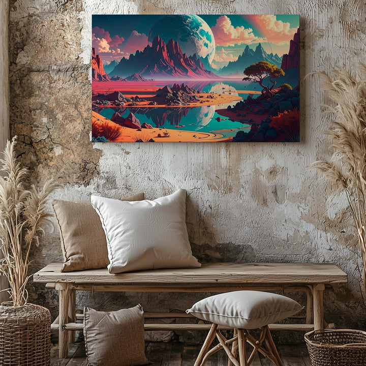 Surreal Alien Landscape Canvas – Glowing River and Majestic Mountains - Gifitto