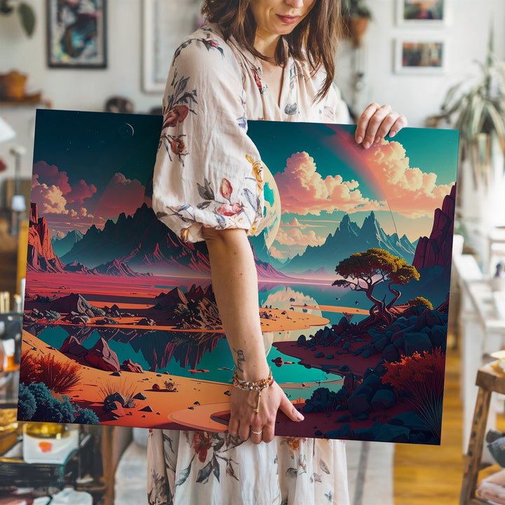 Surreal Alien Landscape Canvas – Glowing River and Majestic Mountains - Gifitto