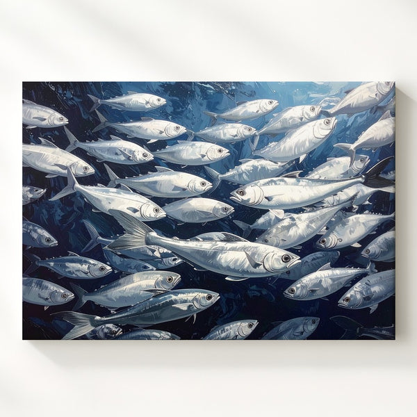 Silver School Canvas – Coordinated Fish Formation in Motion