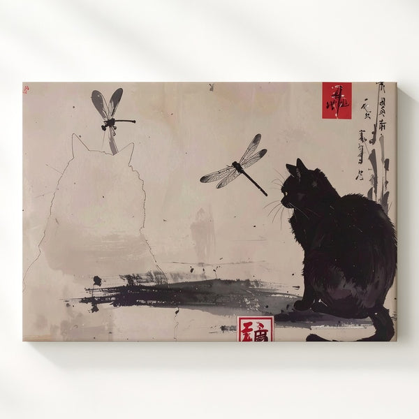 Serene Black Cat Canvas – East Asian-Inspired Ink Art with Dragonflies - Gifitto
