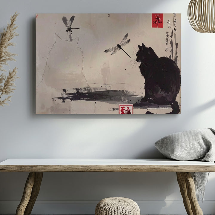 Serene Black Cat Canvas – East Asian-Inspired Ink Art with Dragonflies - Gifitto