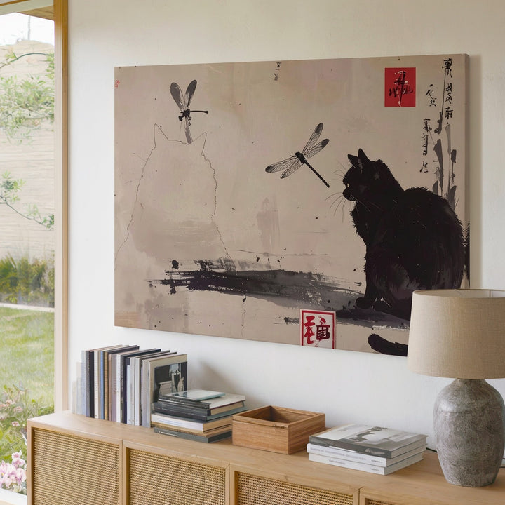 Serene Black Cat Canvas – East Asian-Inspired Ink Art with Dragonflies - Gifitto