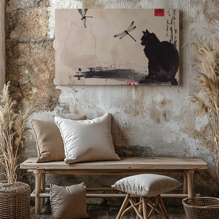 Serene Black Cat Canvas – East Asian-Inspired Ink Art with Dragonflies - Gifitto