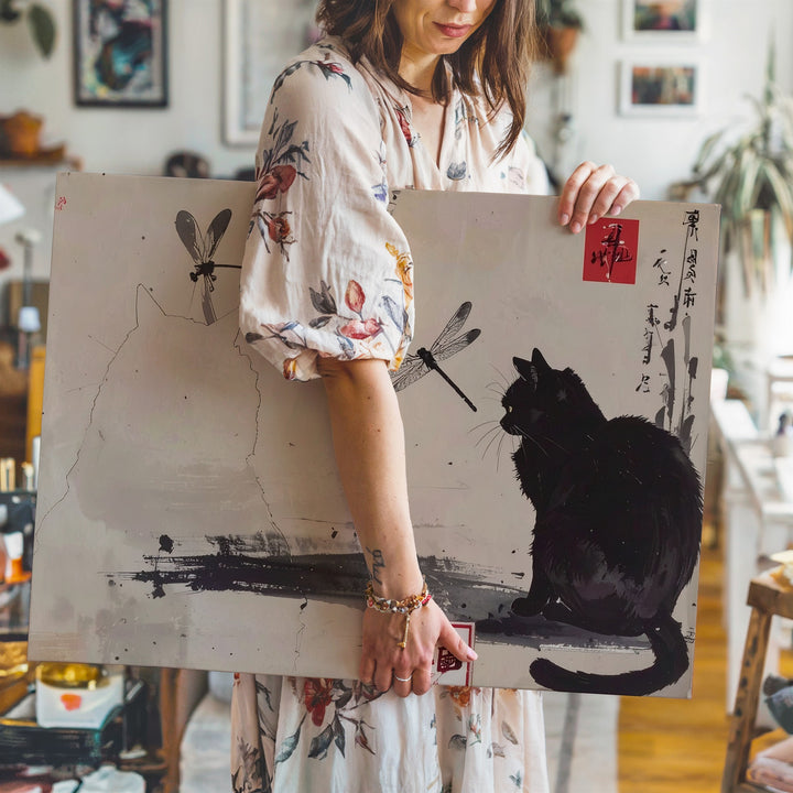Serene Black Cat Canvas – East Asian-Inspired Ink Art with Dragonflies - Gifitto