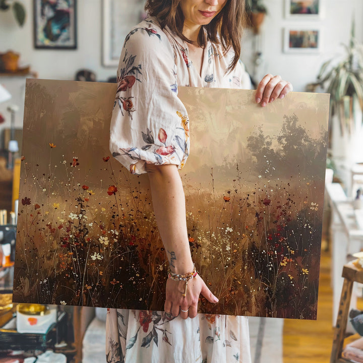 Golden Meadow Canvas – Soft Wildflower Field Art in Earth Tones - Gifitto