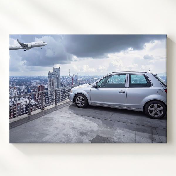 Urban Rooftop Hatchback Canvas – Minimal Car with City Skyline & Airplane - Gifitto