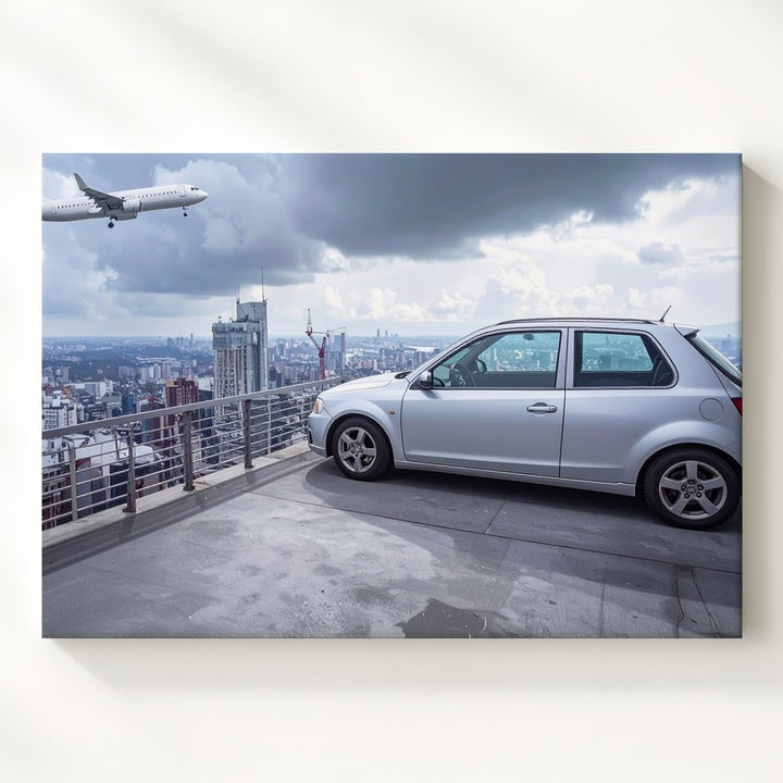 Urban Rooftop Hatchback Canvas – Minimal Car with City Skyline & Airplane - Gifitto