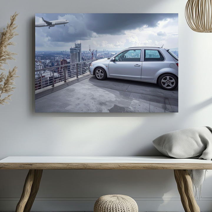 Urban Rooftop Hatchback Canvas – Minimal Car with City Skyline & Airplane - Gifitto