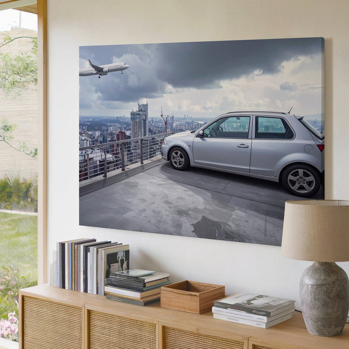 Urban Rooftop Hatchback Canvas – Minimal Car with City Skyline & Airplane - Gifitto