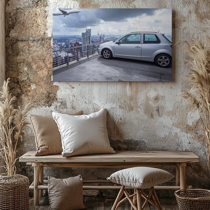 Urban Rooftop Hatchback Canvas – Minimal Car with City Skyline & Airplane - Gifitto