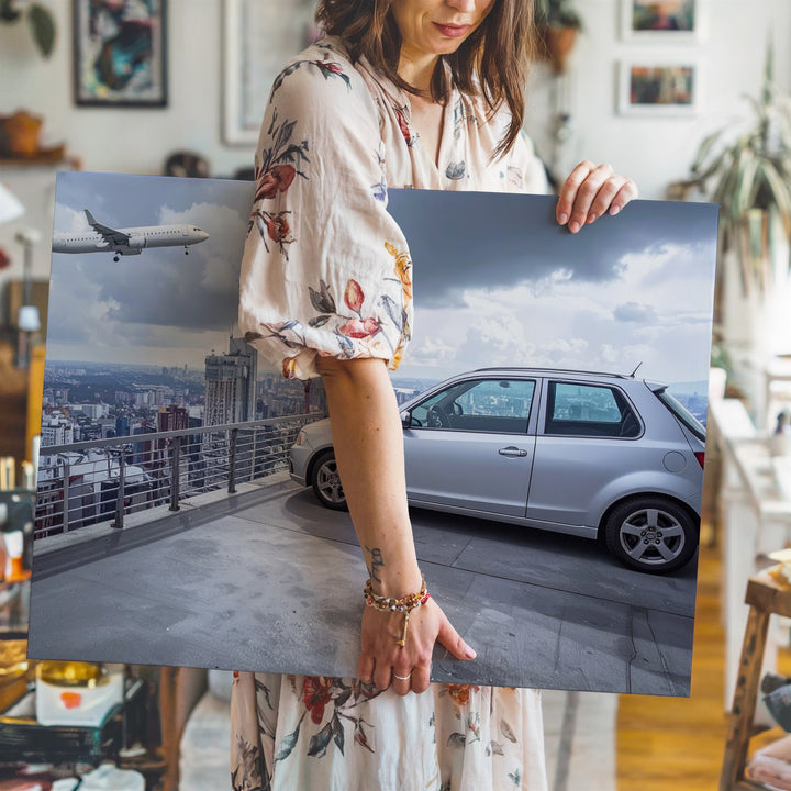 Urban Rooftop Hatchback Canvas – Minimal Car with City Skyline & Airplane - Gifitto