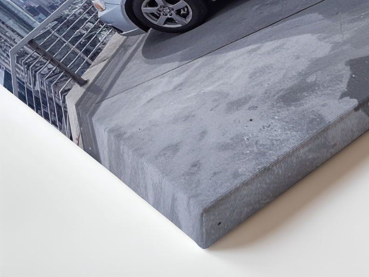Urban Rooftop Hatchback Canvas – Minimal Car with City Skyline & Airplane - Gifitto