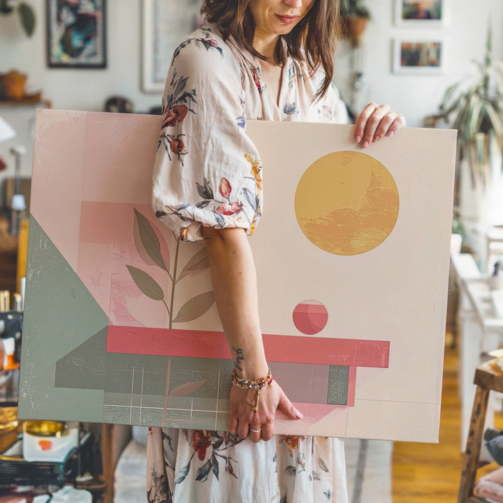 Modern Sun & Stem Canvas – Minimalist Botanical Art in Warm Tones - Gifitto