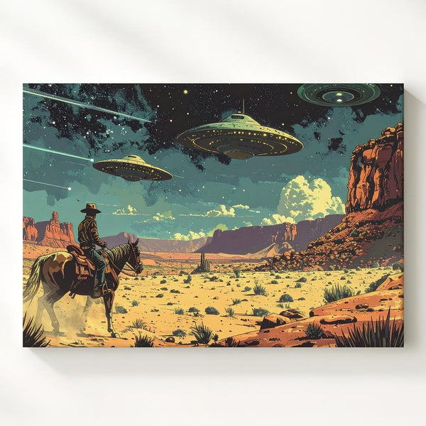 Retro-Futuristic Desert Canvas – UFOs and Lone Rider in Barren Landscape - Gifitto