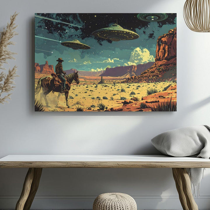 Retro-Futuristic Desert Canvas – UFOs and Lone Rider in Barren Landscape - Gifitto