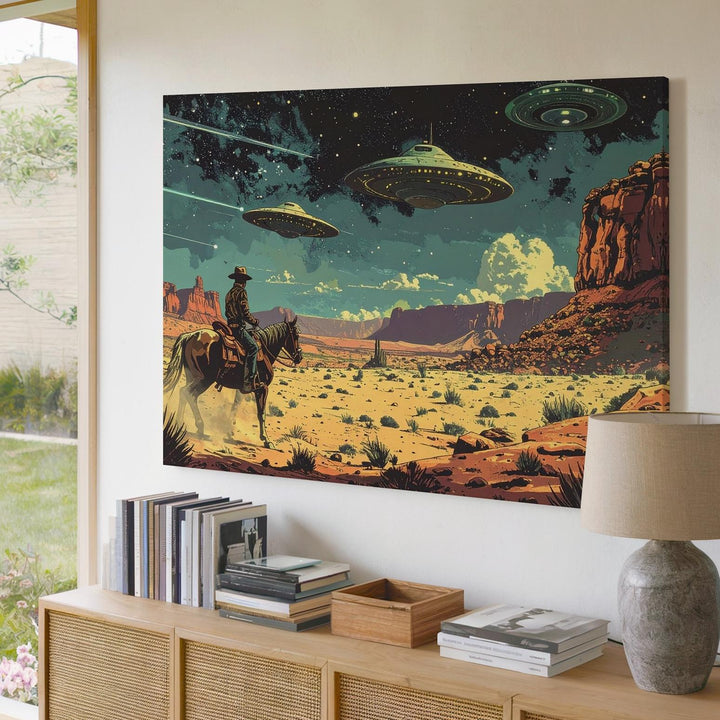 Retro-Futuristic Desert Canvas – UFOs and Lone Rider in Barren Landscape - Gifitto