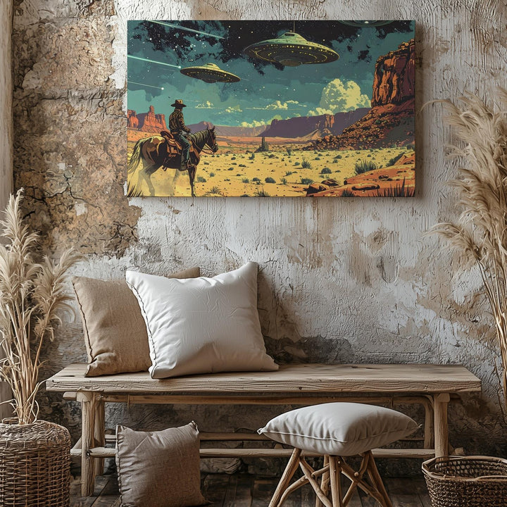 Retro-Futuristic Desert Canvas – UFOs and Lone Rider in Barren Landscape - Gifitto