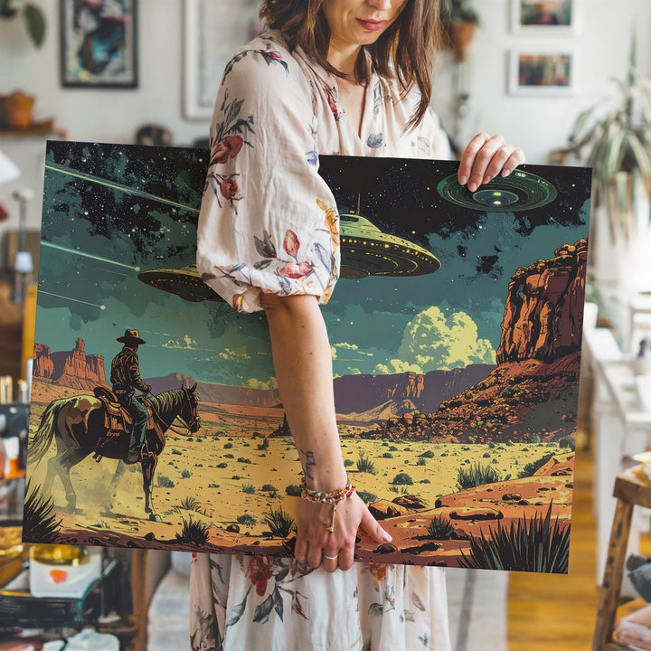 Retro-Futuristic Desert Canvas – UFOs and Lone Rider in Barren Landscape - Gifitto