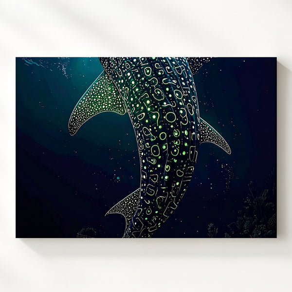 Glowing Dot Whale Shark Canvas – Stylized Bioluminescent Marine Art