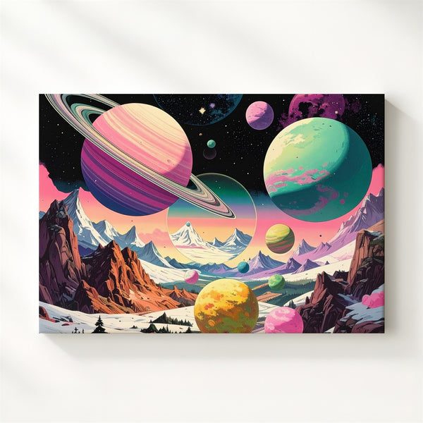 Retro Planet Staircase Canvas – Colorful Vintage Sci-Fi Mountain Landscape - Gifitto