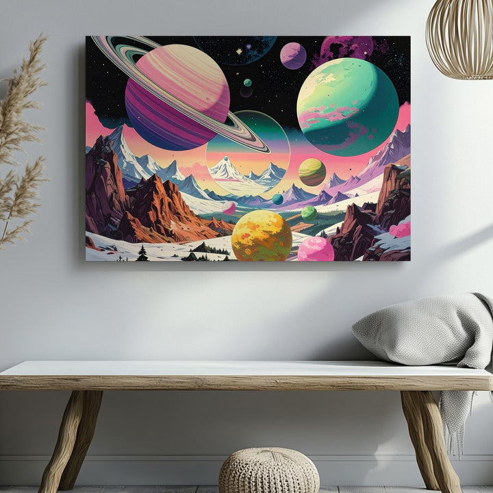 Retro Planet Staircase Canvas – Colorful Vintage Sci-Fi Mountain Landscape - Gifitto