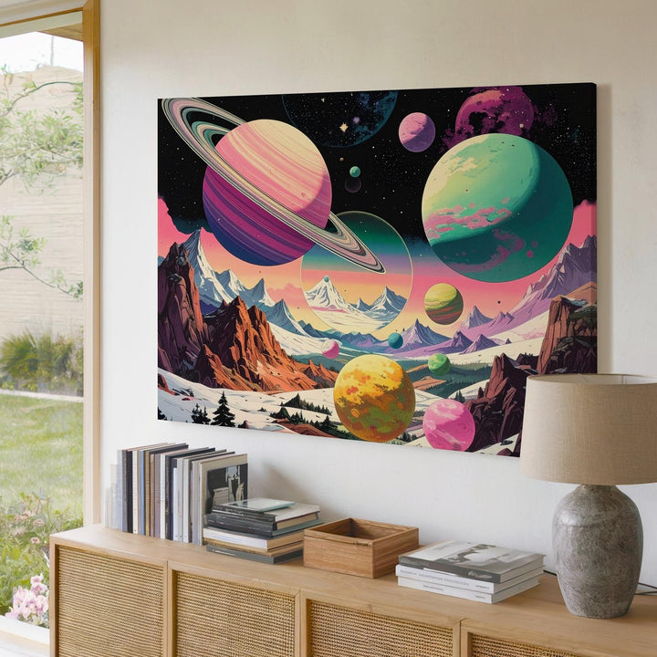 Retro Planet Staircase Canvas – Colorful Vintage Sci-Fi Mountain Landscape - Gifitto