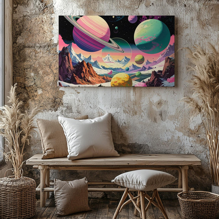 Retro Planet Staircase Canvas – Colorful Vintage Sci-Fi Mountain Landscape - Gifitto