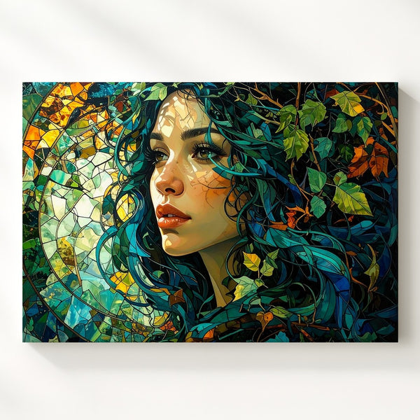 Forest Mosaic Goddess Canvas – Earth Spirit Woman with Turquoise Hair - Gifitto