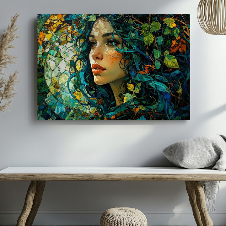 Forest Mosaic Goddess Canvas – Earth Spirit Woman with Turquoise Hair - Gifitto