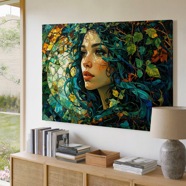 Forest Mosaic Goddess Canvas – Earth Spirit Woman with Turquoise Hair - Gifitto