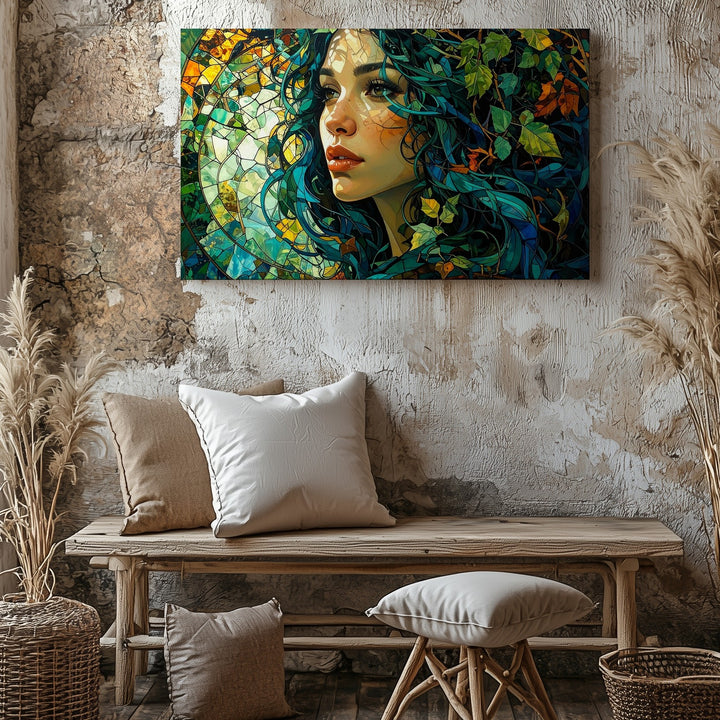 Forest Mosaic Goddess Canvas – Earth Spirit Woman with Turquoise Hair - Gifitto