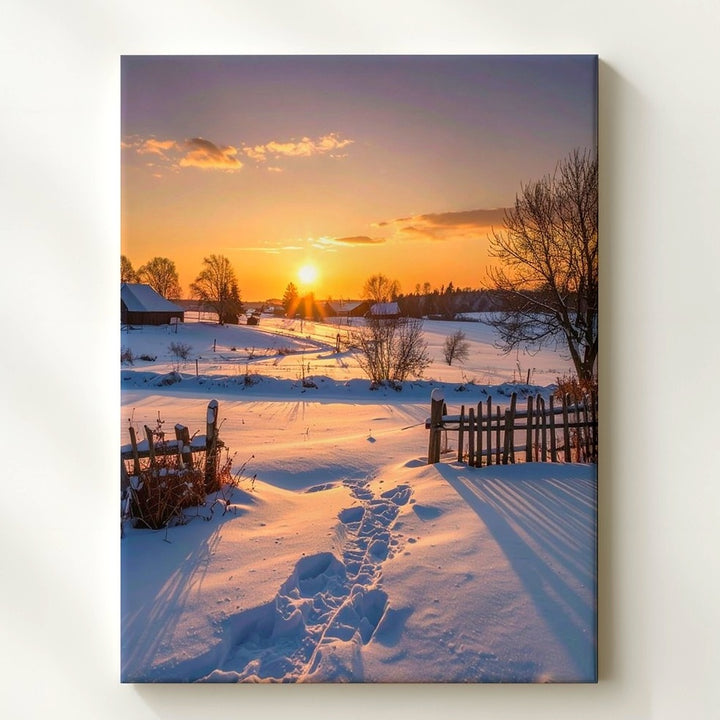 Winter Countryside Sunset Canvas – Snow-Covered Field with Rustic Farmhouses - Gifitto