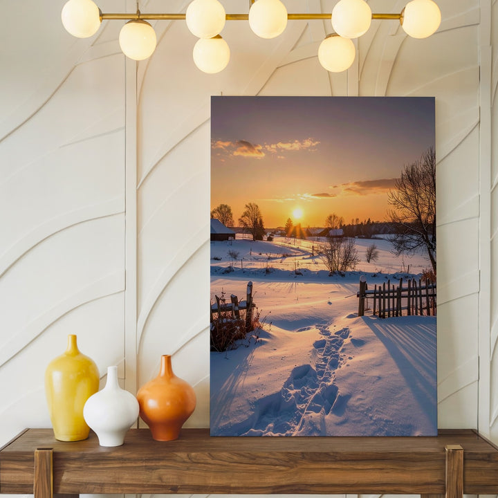 Winter Countryside Sunset Canvas – Snow-Covered Field with Rustic Farmhouses - Gifitto